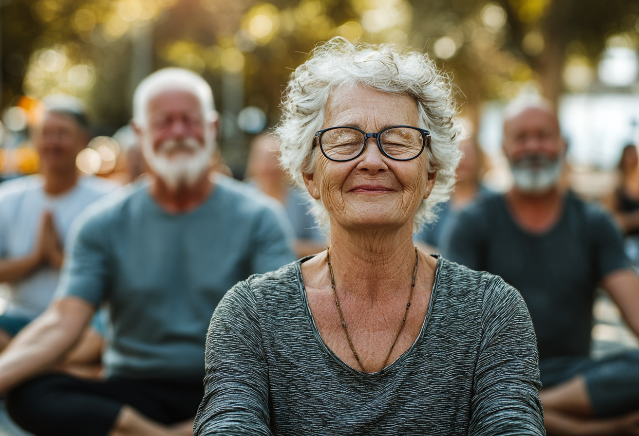Grupa de seniori practicând yoga în studio luminos