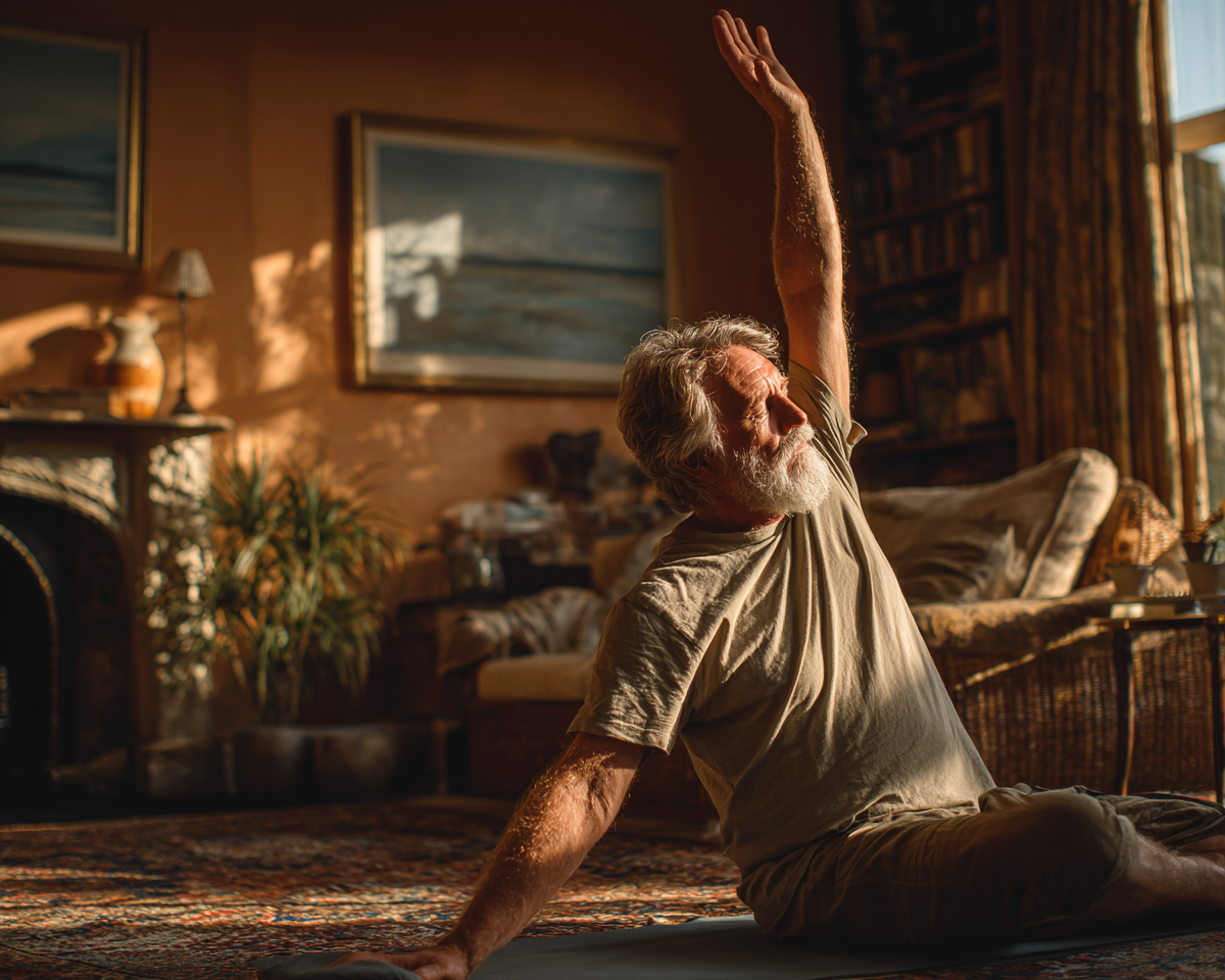 Instructor de yoga vârstnic într-o poziție de meditație în natură